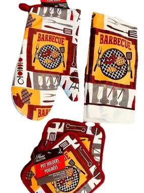 Kitchen Linen Set BBQ Grilling Food On Grill 4 pc Oven Mitt Towel Pot Holder New